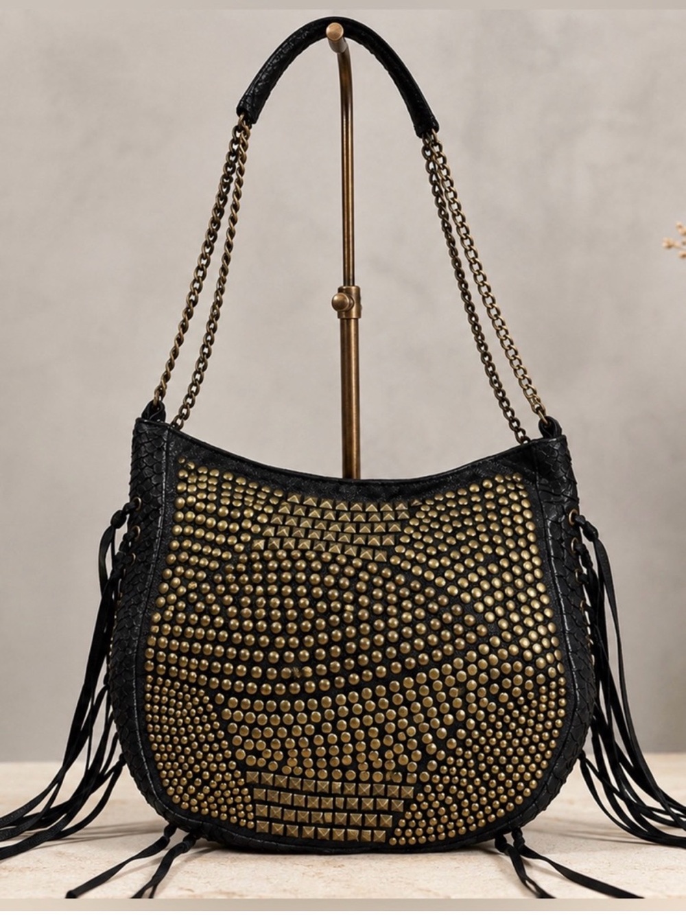 Antik Batik Black Leather Studded Fringe Shoulder Bag Python Trim Boho